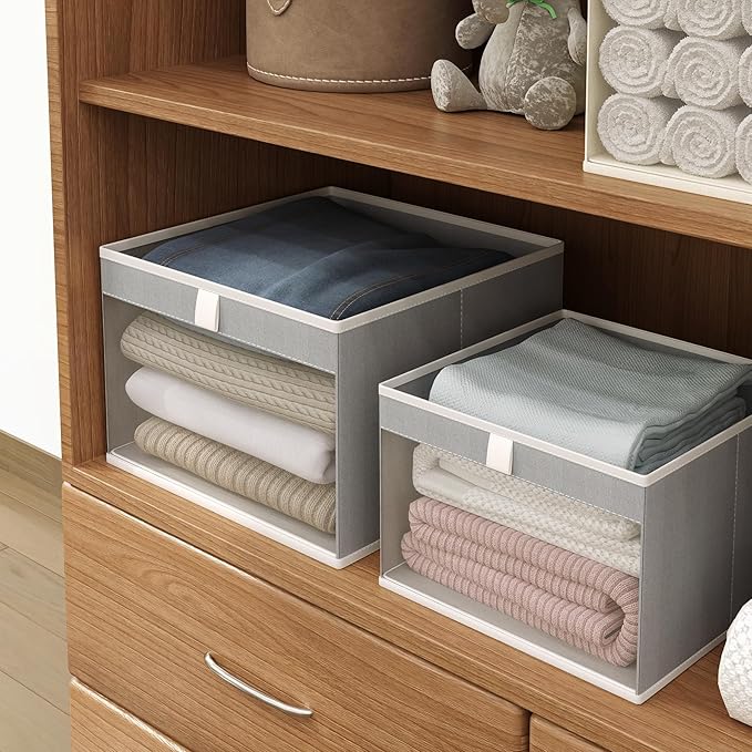 Linen Closet Organizers and Storage, Closet Storage Bins Basket Organizer, Foldable Organization Baskets with Mesh Window for Clothes Towels and Toys, 14.5" x 14.5" x 10.25", Gray, 2 pack