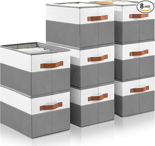 8 Pack Large Storage Bins with Handle,Collapsible Storage Basket for Shelves,Fabric Closet Organizer for Organizing Clothes Blanket,Decorative Dorm Organizers and Storage