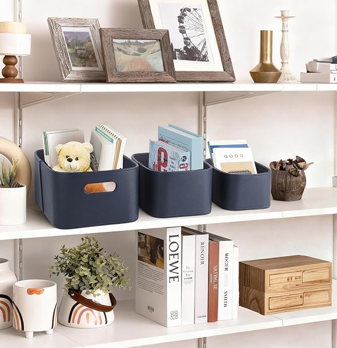 HofferRuffer Faux Leather Storage Baskets Bins with Velvet Lining for Organizing, Storage, Gifts, Set of 3 Nesting Shelf Baskets Decorative Storage Boxes for Home Organization (Blue)