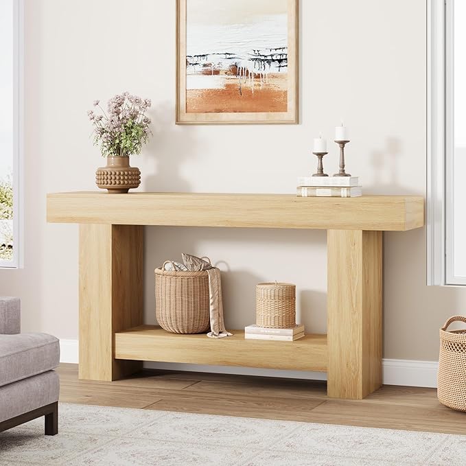 Garvee 63" Farmhouse Console Table with 2 Tiers and Storage – Large Wooden Sofa Table for Entryway, Hallway and Living Room