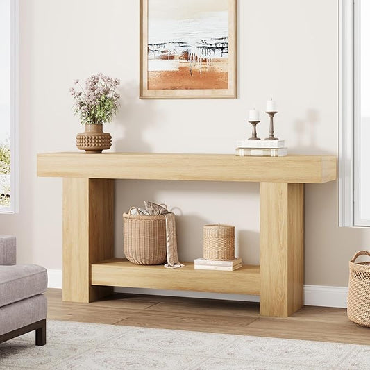Garvee 63" Farmhouse Console Table with 2 Tiers and Storage – Large Wooden Sofa Table for Entryway, Hallway and Living Room