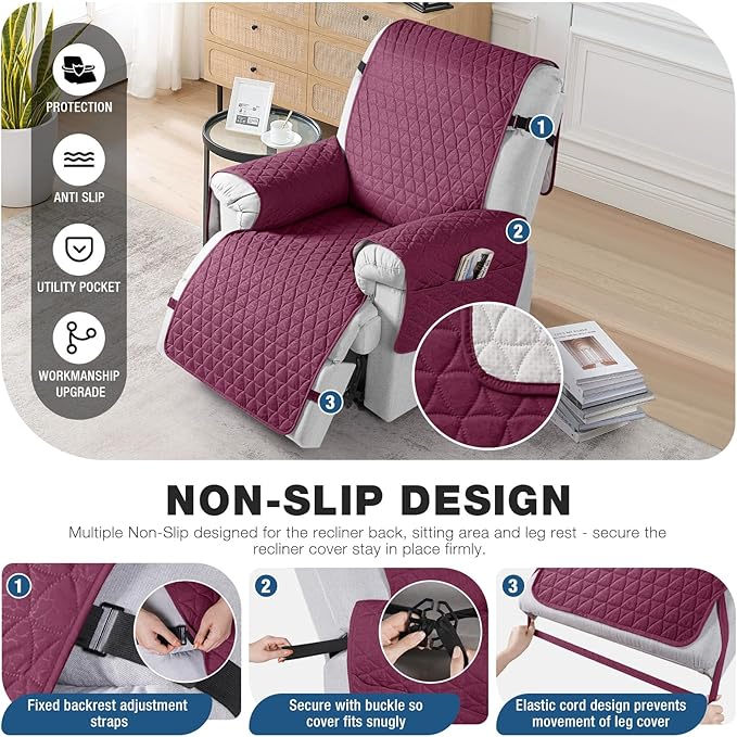 TAOCOCO 100% Waterproof Recliner Cover - Recliner Cover with Non-Slip Granule, Recliner Chair Covers with Elastic Band, Recliner Chair Covers for Reclining Chair(Wine, Small-22'')