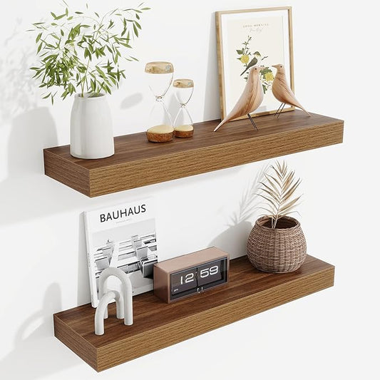 Fun Memories Floating Shelves Set of 2, 24 Inch Floating Shelves for Wall, Wood Wall Shelves with Invisible Brackets, for Bathroom, Bedroom, Living Room, Kitchen, Walnut