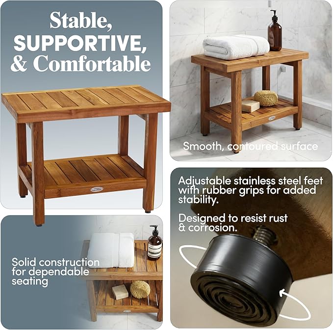 AquaTeak The Original 24" Spa Teak Shower Bench with Shelf