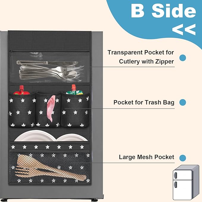 Dorm Room Essentials Mini Fridge Organizer, Hanging Over Fridge Storage Organizer, College Caddy with 14 Pocket for Office, Kitchen, Home, School (Black)