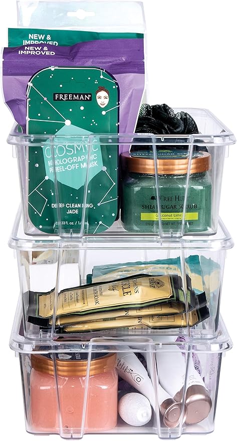 Best Kept Clear Plastic Storage Bins, Stackable Open Square Organizers for Home, Vanity, Cosmetics & Makeup Display, 3-Pack (No Lids)