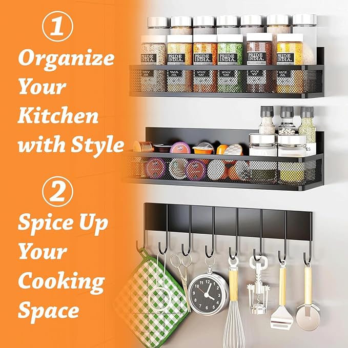 Magnetic Spice Rack for Refrigerator – 3 Tier Magnetic Shelves with Towel Bar, Hanging Hooks, Mesh Storage Baskets & Adhesive Hooks Kitchen Organizer for Spices, Utensils & Pantry