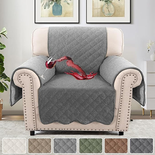 H.VERSAILTEX Waterproof Quilted Couch Covers Non Slip Sofa Covers Protector Slipcovers for Dogs, Single Sofa Armchair for Pet Furniture Protector Modern Fleece Fabric (Chair,Grey)