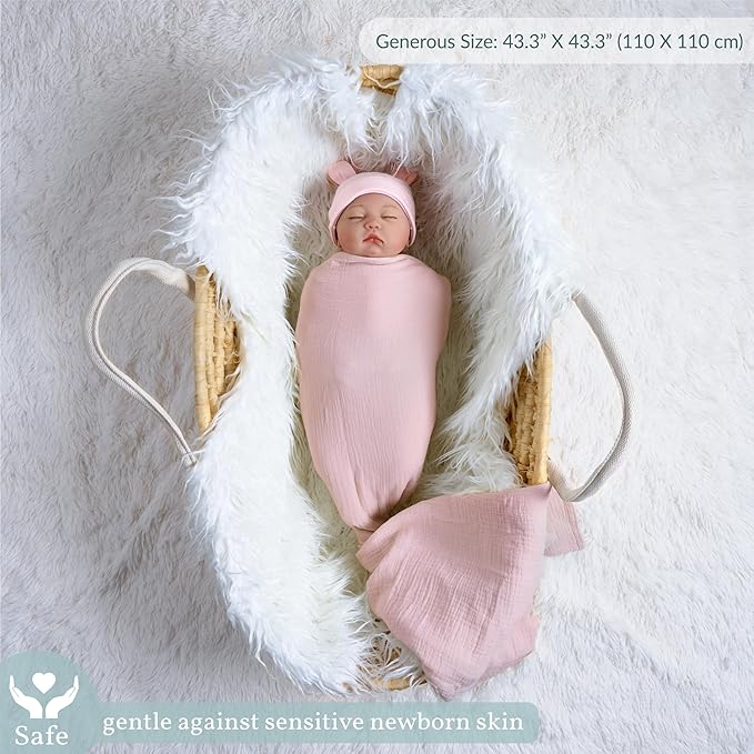 Meracorallo Muslin Swaddle Blanket, 100% Cotton Receiving Blanket Soft and Breathable Swaddle Wrap for Baby Boys and Girls, Pink