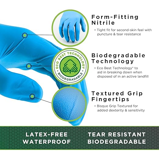 SHOWA 7500PF Sustainable EBT Latex-Free, Powder-Free, Nitrile Disposable Single Use Safety Gloves, 4 Mil, 9.5" Length, Medium (1 Box/100 Gloves)