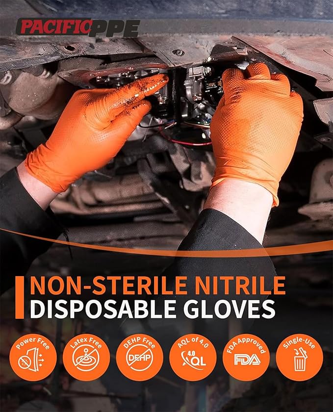 PACIFIC PPE 8 Mil Heavy Duty Strength Nitrile Gloves, Chemical Resistant, Diamond Texture Industrial Disposable Gloves, Orange, 100PCs, Medium