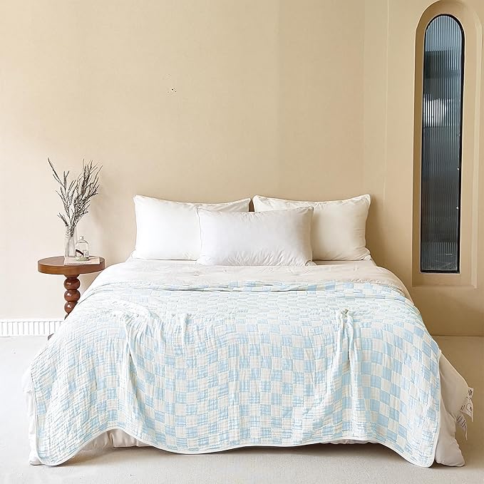 SANACYNA Muslin Blankets for Adults 100% Cotton 6-Layer Gauze Sky Blue Bed Blanket Lightweight Soft Breathable Blanket for Sofa Bed Coverlet Both Sides (Sky Blue, Queen 90" X 90")