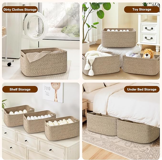 2 Pack Large Storage Basket for Organizing, 17.5"x13"x7" Woven Basket for Shelves, Closet Cube Storage Bins with Wrapped Handle, Cotton Rope Baskets for Kitchen, Clothes, Toys (Natural))