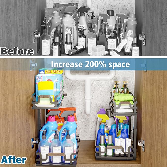 Under Sink Organizers, 2 Tier Slide Out Under Sink Organizers, Under Sink Storage for Bathroom Kitchen (1 Pack)