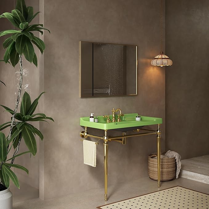 36" Bathroom Console Sink, Wall-Mounted Green Ceramic Vanity Basin with 3 Pre-drilled Faucet Holes, Freestanding Gold Stainless Steel Support Legs with Towel Bar, No Faucet - Rome, Green