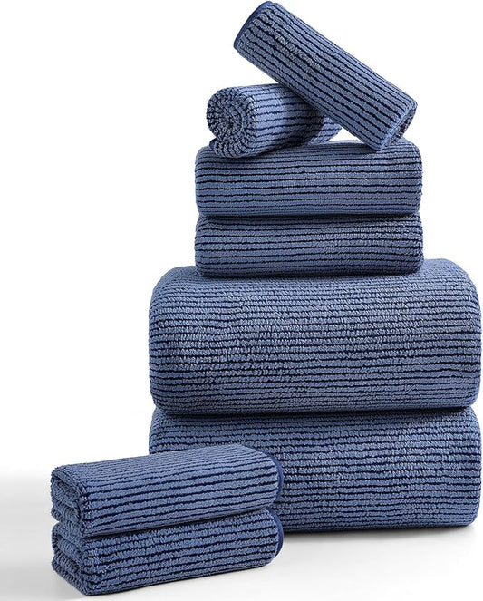 8-Piece Premium Towel Set for Bathroom|2 Oversized Large Bath Sheet,2 Hand Towels,4 Washcloths|Soft Cozy Highly Absorbent Fast Dry Microfiber Shower Towel Set for Hotel Bathroom Essentials,Navy Blue