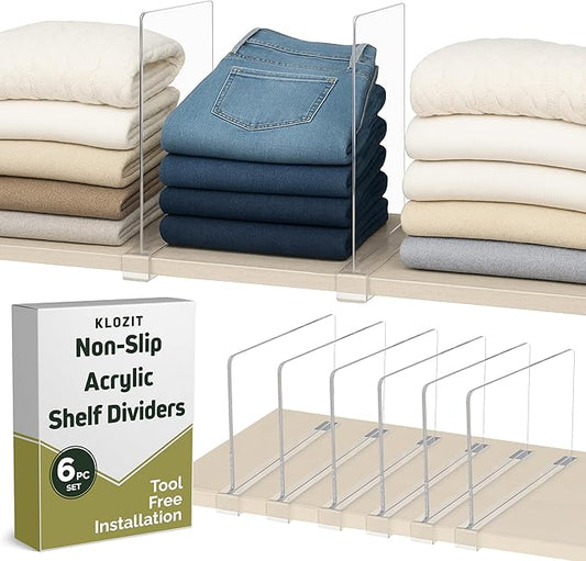 6- Pack Clear Acrylic Shelf Dividers-Non-Slip Closet Organizers for Sweaters, Bags, Towels- Shelf Separators for Bedroom, Kitchen, Office