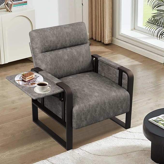 Modern Accent Chair with Tray Table PU Leather Upholstered Armchair for Bedroom Leisure Living Room Chairs Office Chair Grey