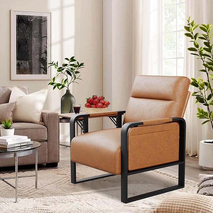 Brown PU Leather Accent Chairs Set of 2 with Side Table Modern Upholstered Armchair Leisure Side Chairs for Living Room Bedroom Office