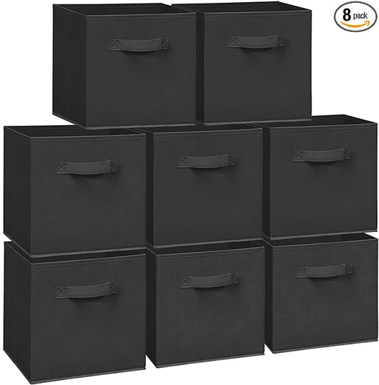 11x11 Storage Bins, Set of 8 Storage Cubes, Collapsible Cube Storage Box, Fabric Closet Organizers with Handles for Home, Office, Closet Shelf Cabinet, Bookcase, Black
