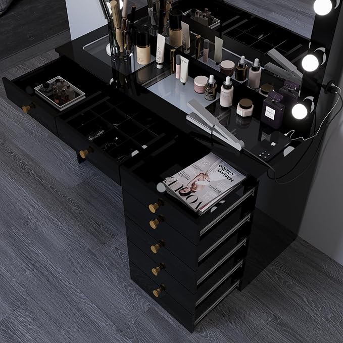 Boahaus Serena White Makeup Vanity with Mirror and 11 Lights, 7 Drawers, Glass Top, Crystal Knobs, USB-A & USB-C Ports, 110V Power Outlet, Bedroom Vanity Desk (Black)