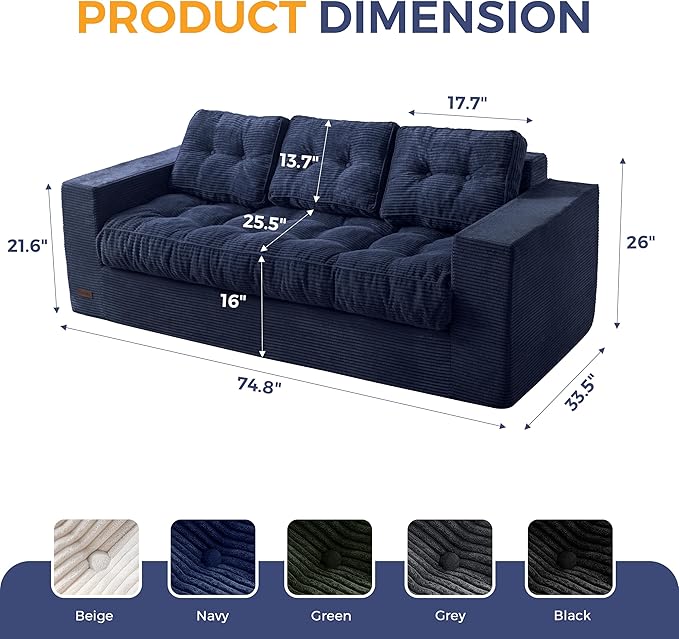 MAXYOYO Oversized Loveseat Sofa Couch, Upholstered Bean Bag Chair Cloud 3-Seat for Adults, Boneless Couch with Tufted Cushion & Pillows, Sofa in A Box, No Assembly Required, Navy