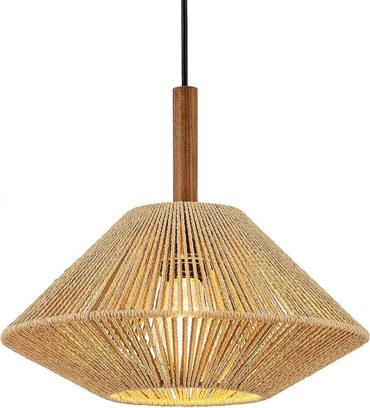ELYONA 12.6" Boho Pendant Light Fixtures, Rattan Woven Pendant Light with Solid Ash Wood, Hanging Light for Kitchen Island, Farmhouse Ceiling Light for Dining Room Bedroom Living Room