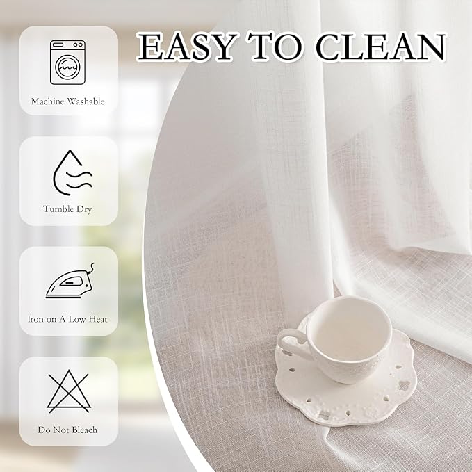 MYSKY HOME 95 Inches Long White Curtains Semi Sheer Drapes Light Filtering for Sliding Glass Door Window Treatments Soft Cotton Blend Panels Linen Look Farmhouse Style, 100" x 95", 1 Piece