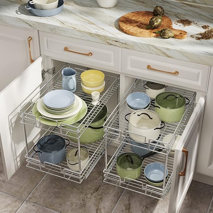 LOVMOR 2-Tier Pull Out Cabinet Organizer, 14" W x 21" D, Chrome Pull Out Drawer for Base Cabinet Silver
