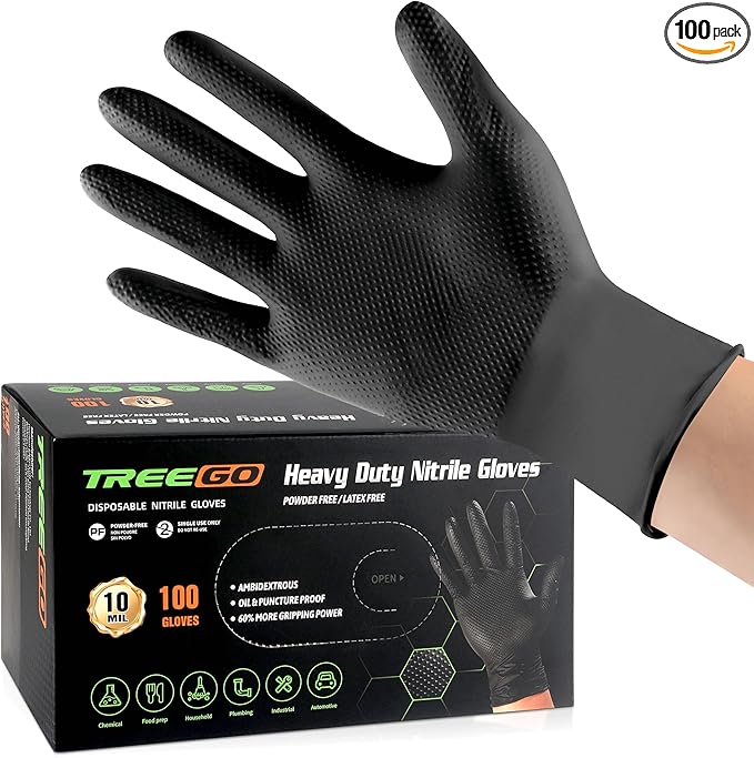 TREEGO Black Heavy Duty Rubber Gloves 10 Mil Nitrile Gloves - Raised Diamond Texture Grip for Automotive & Mechanic - Latex Free Disposable Gloves Medium, 100 Count