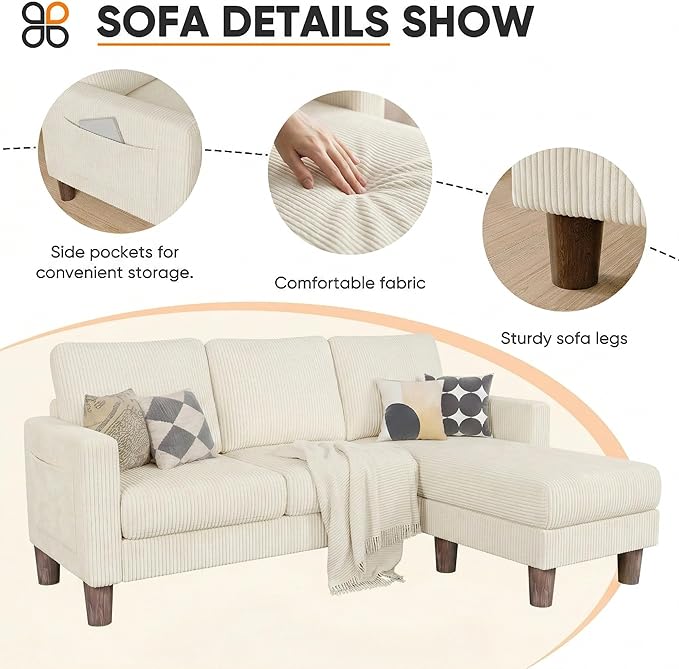 JUMMICO L Shape Sectional Sofa Couch, 3 Seat Convertible Sofa with Movable Ottoman and Side Storage Pockage, Modern Sofa Small Couches for Living Room & Apartment and Small Space (Corduroy, Beige)