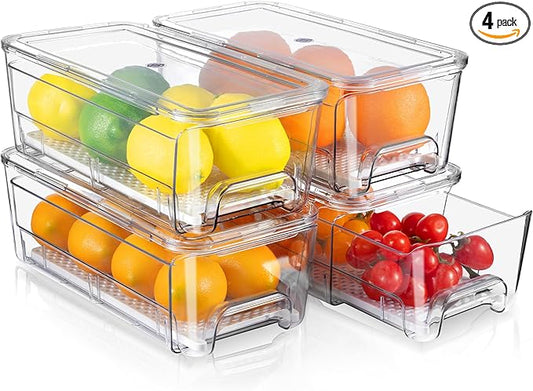 4 Pack Fridge Organizer Drawers, Stackable Pantry Organizers and Storage, Clear Pull-Out Refrigerator Organizer for Fruit, Vegetable Storage and Keep Fresh