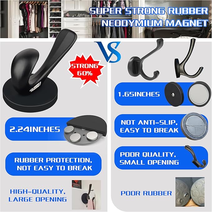 ULIBERMAGNET Strong Magnetic Coat Hooks, 2 Pack Heavy Duty Magnetic Double Hooks, Rubber Magnets Hooks for Coat Robe Towel Key Hat Clothes Jacket (Black)