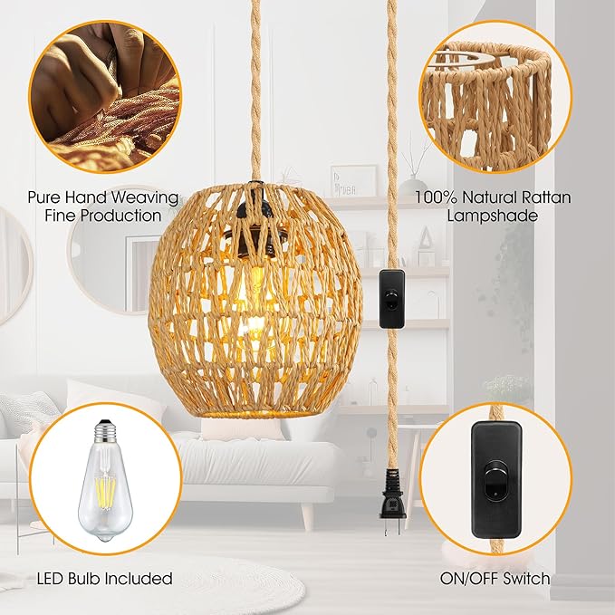 SLYYMY Plug in Pendant Light, 15FT Hemp Rope Cord, Hanging Lamps Rattan Pendant Light, On/Off Switch Hanging Lights for Bedroom Living Kitchen