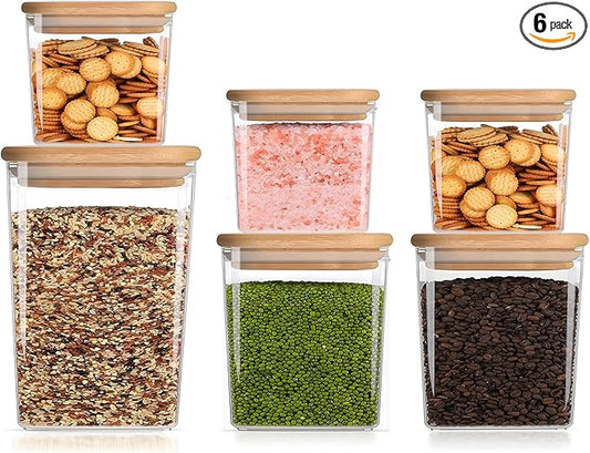 Square Storage Containers with Lids, Clear Food Storage Container Jar with Sealing Bamboo Lid for Noodles Flour Cereal Rice Sugar Tea Coffee Beans (20oz*3/40oz*2/67oz*1)