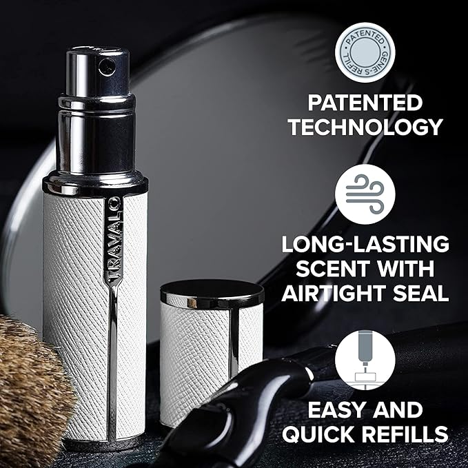 Milano Perfume Atomizer - Leak-Proof and TSA Approved for Air Travel - Reusable, Airtight, Easy Fill Mini Pump Sprayer - Lightweight, Vegan Leather with Polished Metal Outer Shell - White