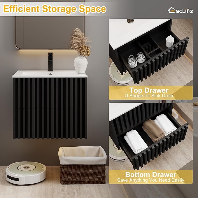 eclife 24" Floating Bathroom Vanity with Sink Combo, Modern Wall Mounted Cabinet with 2 Fluted Drawers, Undermount Sink, Faucet, Drain, Black
