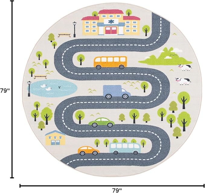 SAFAVIEH Washable Rug Kids Playhouse Collection - 6'7" Round, Beige & Green, Slip Resistant & Easy to Clean, Ideal for Kids Room, Playroom, Nursery, Boys & Girls Room (KPH227A)