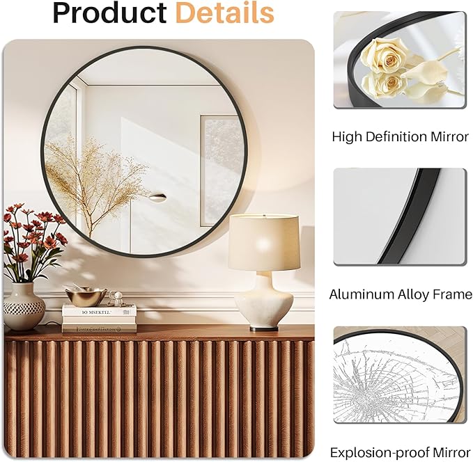 Bathroom Mirror for Wall, 24 Inch Round