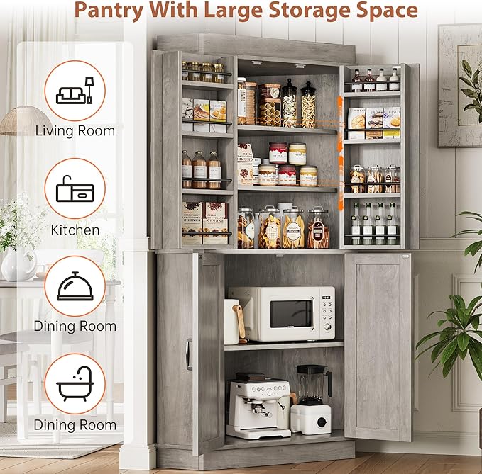 Corner Cabinet, Kitchen Pantry Cabinet, Storage Cabinet with 4 Doors and Shelves, Kitchen Cabinet, Pantry Cabinet, Tall Food Pantry Storage Cabinet Farmhouse Furniture for Kitchen Dining Room, Grey