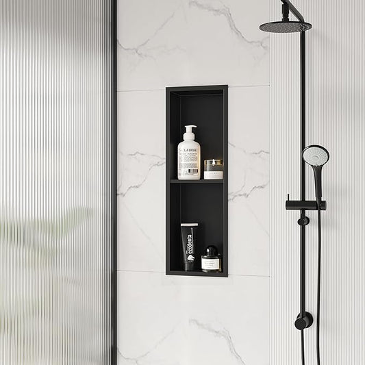 Stainless Steel Shower Niche 24" X 8", No-Tile Needed Wall Niche Double Shelves, Recessed Shower Storage, Matte Black