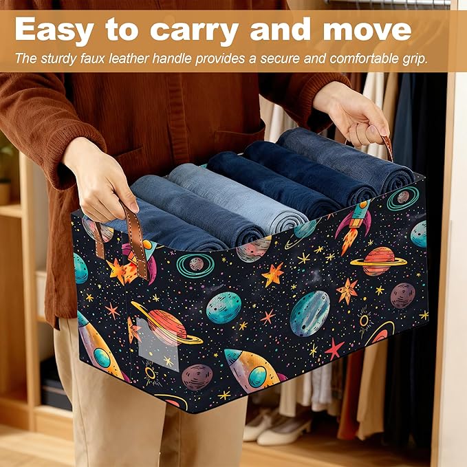 Decorative 32L Space Planet Storage Bins with Handles, Organization and Storage, Cube Storage Organizer for Hamper, Nursery