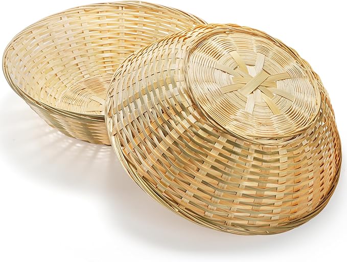 6 Pack Bamboo Bread Basket, 12 Inch Large Round Gift Baskets, Natural Bamboo Woven Wicker Berry Fruit Basket Food Storage Bin for Picnic Kitchen Restaurant