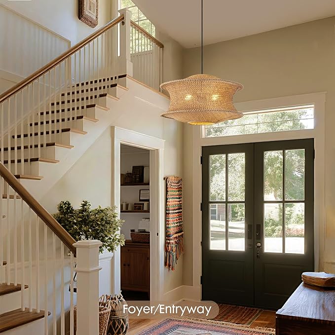 18" Boho Rattan Pendant Light Fixture, Large Woven Hanging Ceiling Lamp, Natural Farmhouse Chandelier for Dining Room, Kitchen Island, Living Room, Entryway, Rustic Foyer Lighting