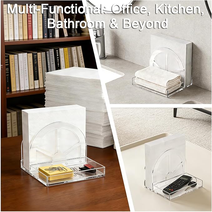 Acrylic Napkin Holder with Magnetic Assembly, Clear Space-Saving Napkin Dispenser & Salt Pepper Shakers Caddy, Modern Organizer for Kitchen Counter, Dining Table,Small Spaces, Office or Party（Small)