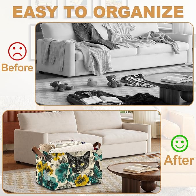 32L Large Storage Bins with Handles, Basket Organizer for Shelves, Closet, Books, Laundry & Home Decor (Flower Black cat)