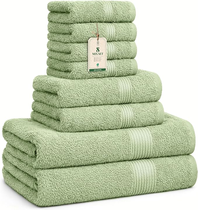 Luxe Set – Washcloths (30 x 30cm), Hand Towels (40 x 70cm) & Bath Towels (65 x 137 cm) – 100% Cotton, Soft, Absorbent, Easy Care, Versatile, (Sage Green)