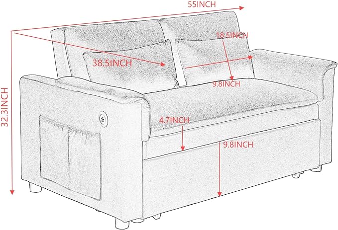 Sofa Bed, Pull Out Couch with Side Pockets, 3 in 1 Velvet Loveseat Sleeper Sofas Beds with USB Ports, Sofa Bed Couch with Adjustable Backrest for Living Room, Bedroom, Apartment, Black Blue