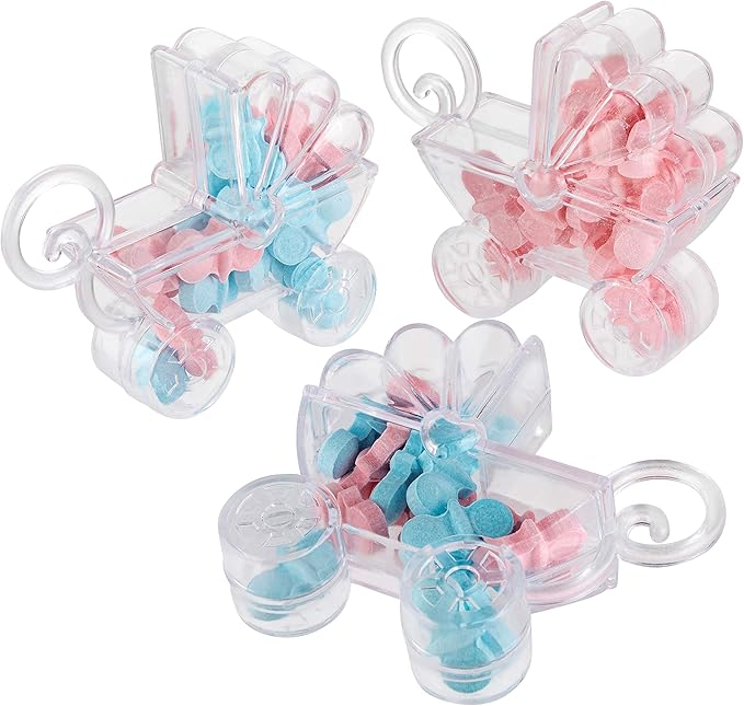 Baby Carriage Shaped Acrylic Candy Boxes - 12 Pack - 2.75"x2.75"x0.71" - Perfect for Weddings, Birthdays, Party Favors and Gifts | Cute Clear Plastic Containers | Clear Fillable Ornaments Crafts Decorations