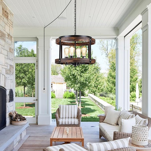 4-Light Large Rustic Farmhouse Plug in Pendant Light Fixture with Adjustable Chain, Dimmable Switch, 16.5 inch Oak Wood Drum Hanging Lamp for Dining Room Living Room Farmhouse Entry, Black
